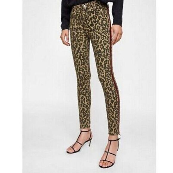 Zara Woman Premium Brown Leopard Print With Velvet Side Stripe Skinny Jeans Size - Picture 1 of 12
